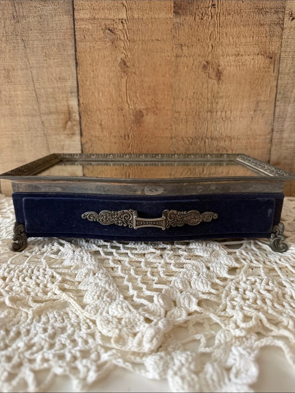Vintage Velvet Jewelry Trinket Box with Mirrored Top - Navy